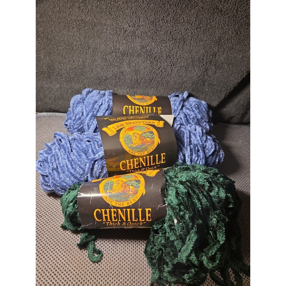 Lot Of 3 Chenille Lion Brand Yarn 1 Full Blue Partial Red & Green
